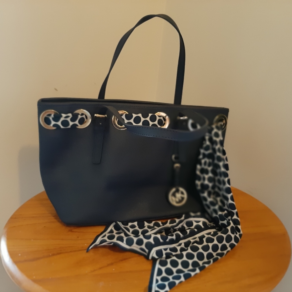 MICHAEL Michael Kors Navy Tote 9 X 14 with Polka Dot Scarf